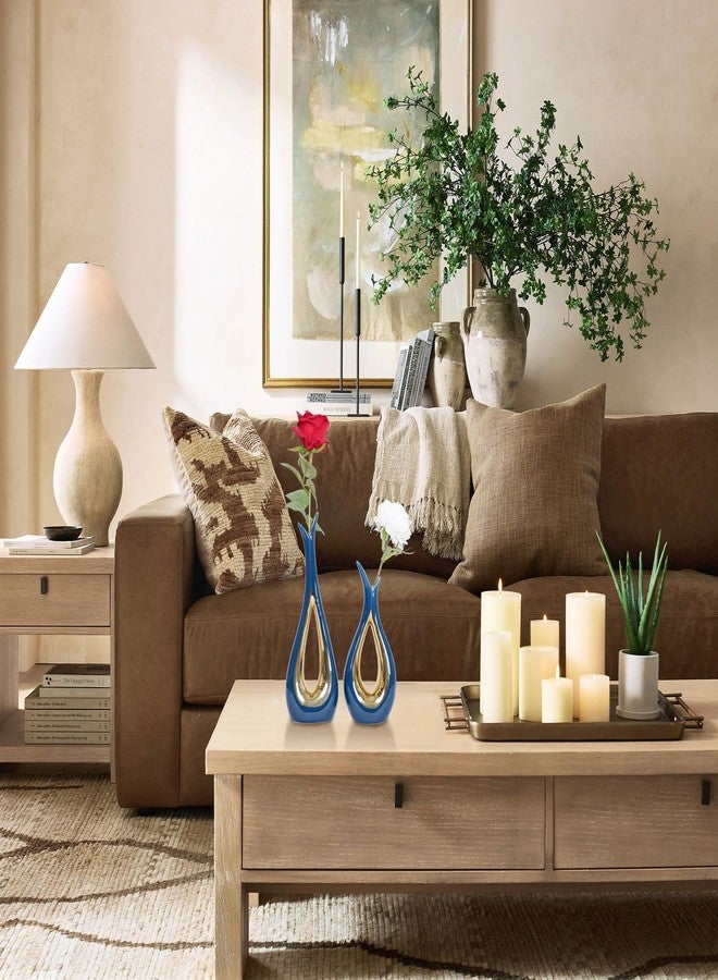 Dawbun Blue and Gold Vase for Home Decor Navy Blue Hollow Ceramic Vases Set of 2 Nordic Minimalist Decorative Vase for Table Centerpiece Modern Flower Vases for Wedding Dining Living Room Office Decoration - Image 5